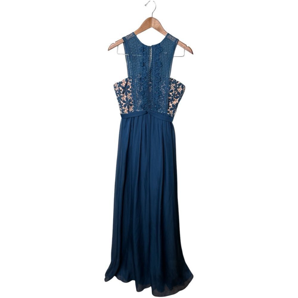 Bariano black label peacock and nude lace top belted maxi elegant dress US 4 AU8